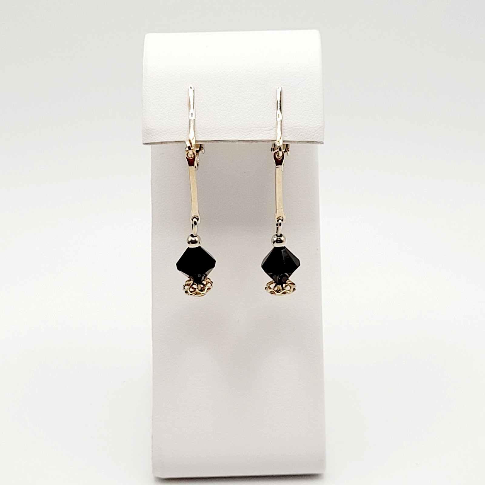 Minimalist Art Deco Drops Black Bicone Crystal Gold Tone Vtg Clip On Earrings
