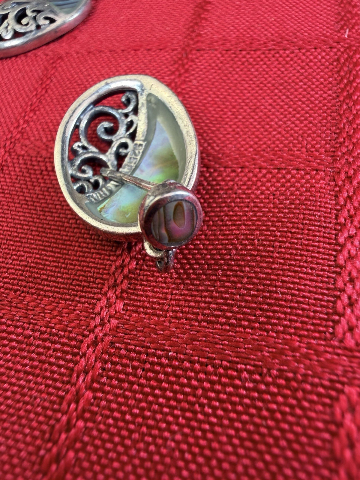 Vtg 925 Sterling Thailand Abalone Paua Shell Filigree Dangle Earrings