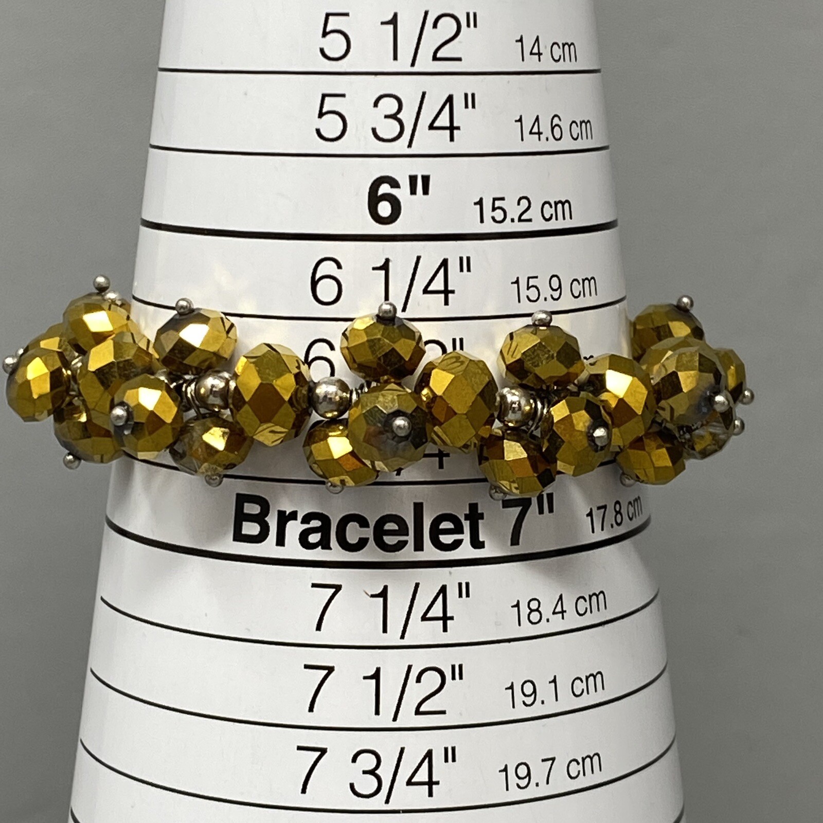 Stretch Bead Bracelet Gold Faceted Glass Cluster Fire Polished Iridescent 6.75″