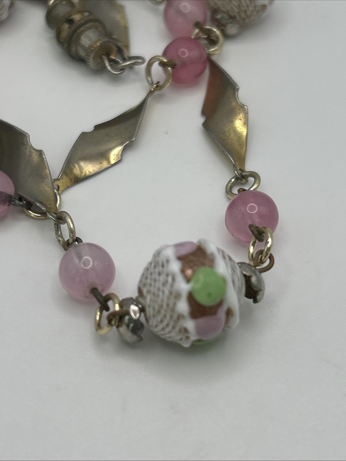 Venetian Italy Latticino Necklace Pink Green Purple White Gold Tone 1920’s VTG