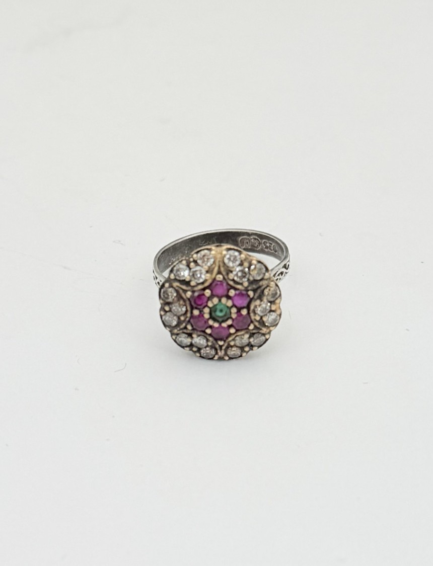 Estate Art Deco Style Ruby Red, Emerald Green, Diamond Cut Quartz Floral Ring