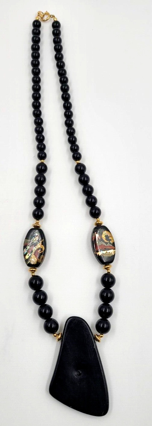 Vintage Asian Hand Painted Black/Gold/Red Lacquer Necklace Made in Japan