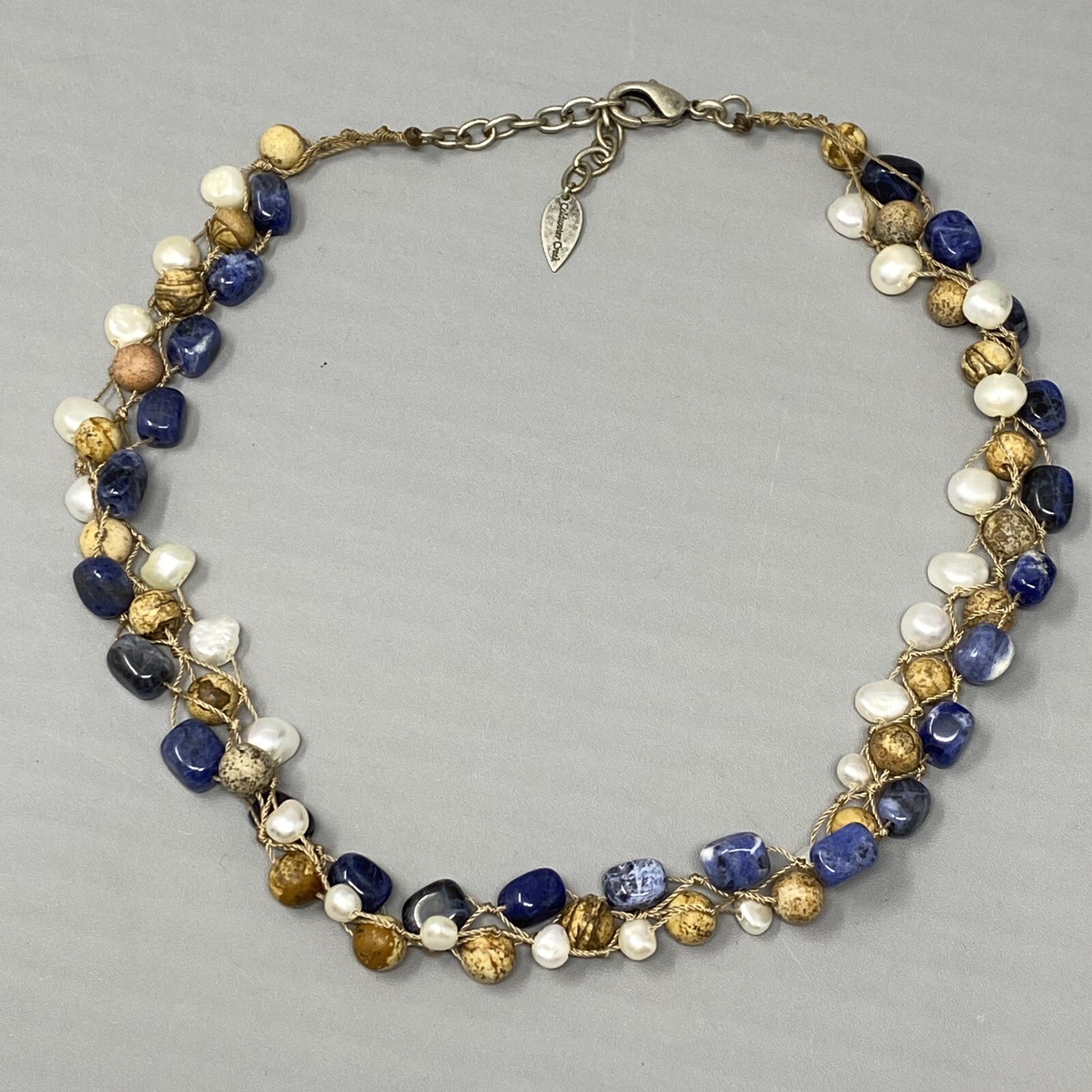 Coldwater Creek Necklace Jasper Sodalite Genuine Pearl Hand Knot Wrap Boho 20″