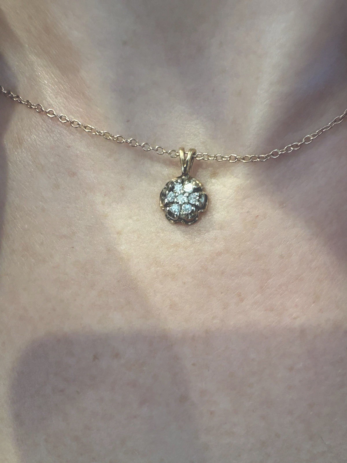 14K Yellow Gold Vintage Cluster Flower Pendant with Round white sapphires