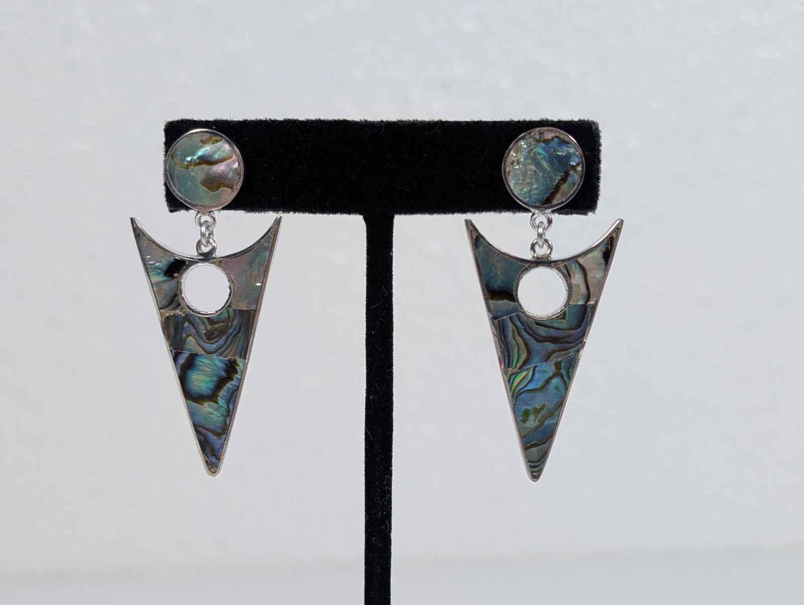 Vtg Alpaca Mexico MOP Dangle Drop Earrings Abalone Shell Inlay 1980s NOS