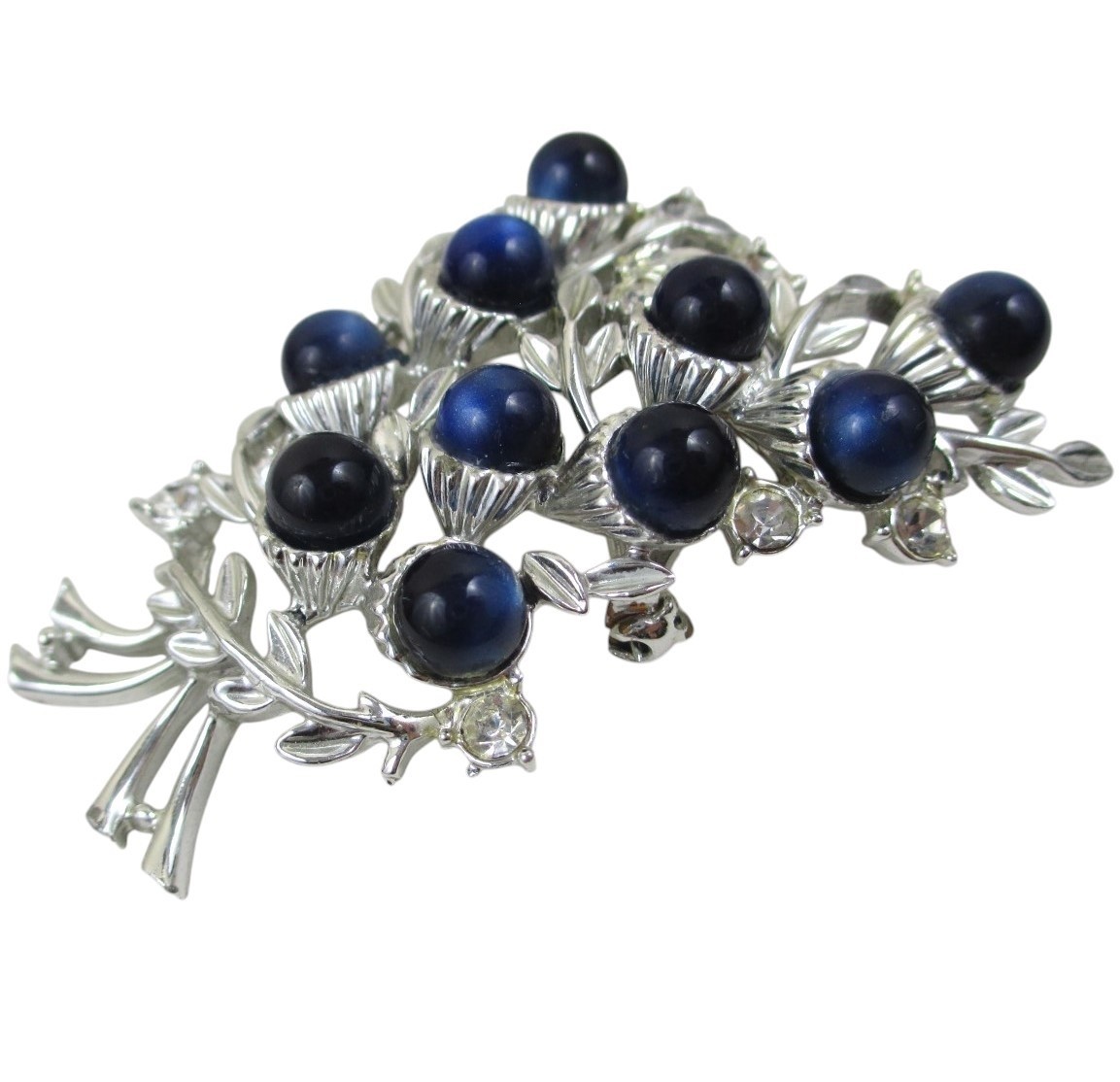 Vintage Floral Berries Bouquet Blue Moonglow Brooch Silver Cabochon Rhinestone