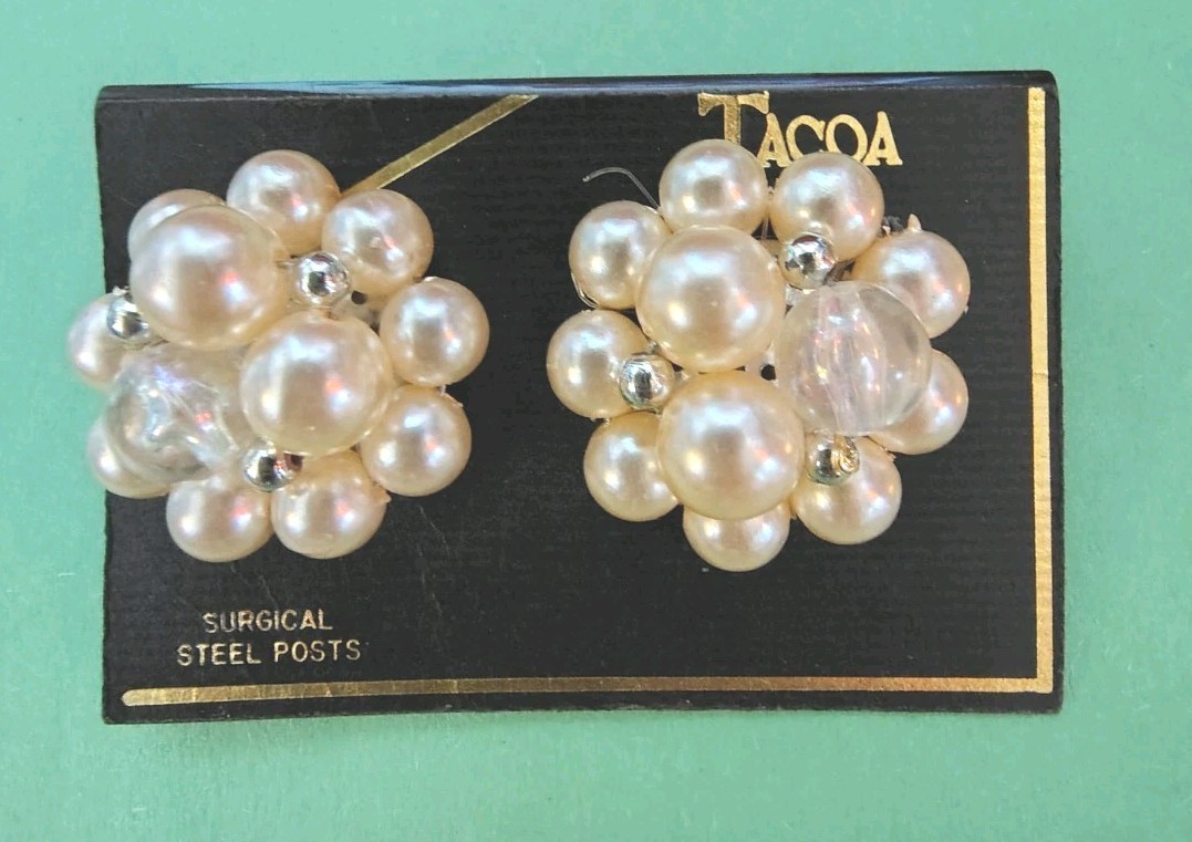 Vintage TACOA Pearl & CLEAR Acrylic Earrings in Silver Tone