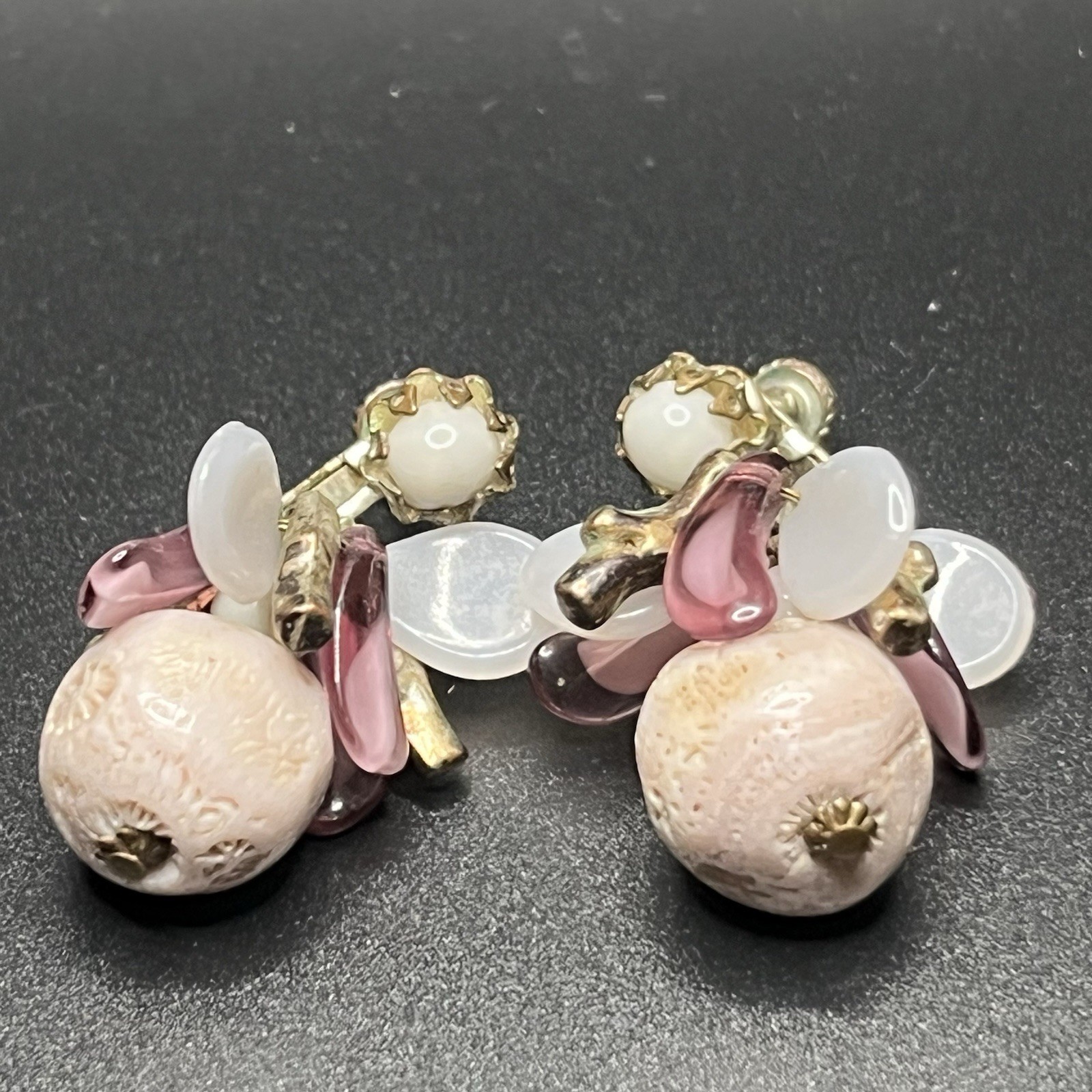 Vintage Miriam Haskell Earrings Gold Tone Dangle Drop Purple Pearl Brass Cluster