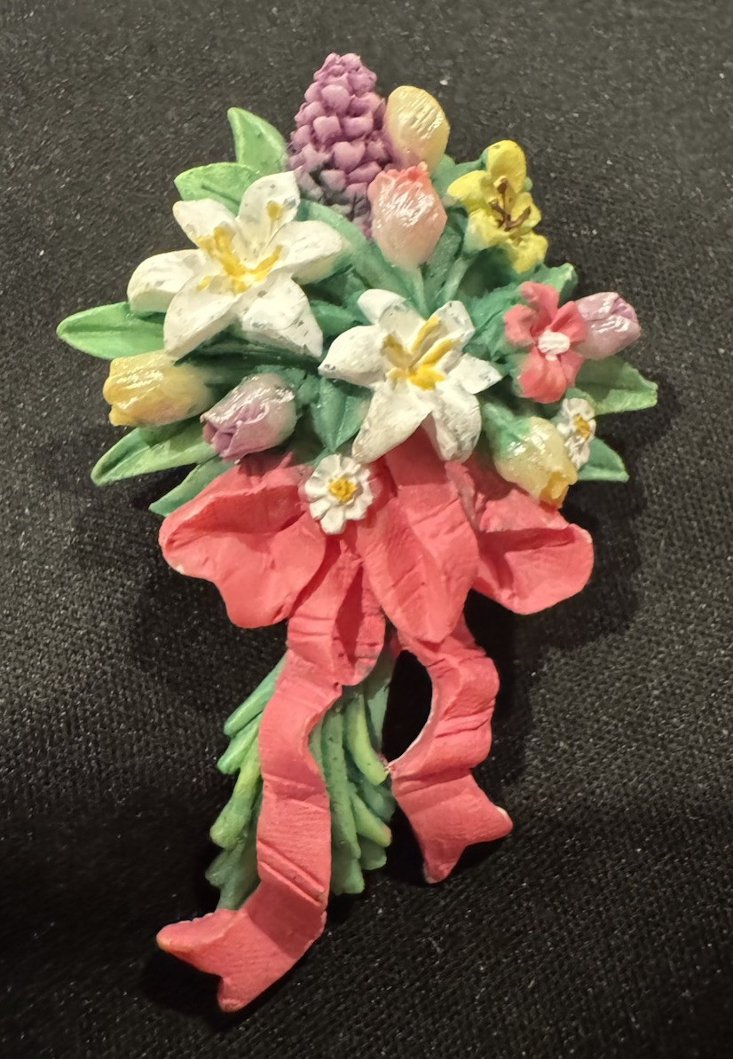 VTG Hand Painted Floral Bouquet Design Brooch Pin Costume Jewelry Flowers Multi