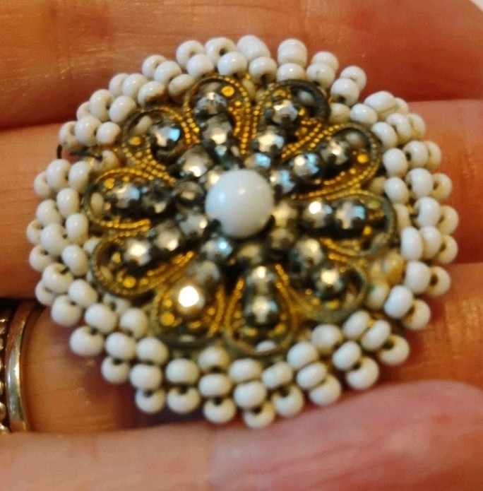 Vtg MIRIAM HASKELL BROOCH BAROQUE, Pearl/Rhinestones Signed, No Pin On Back