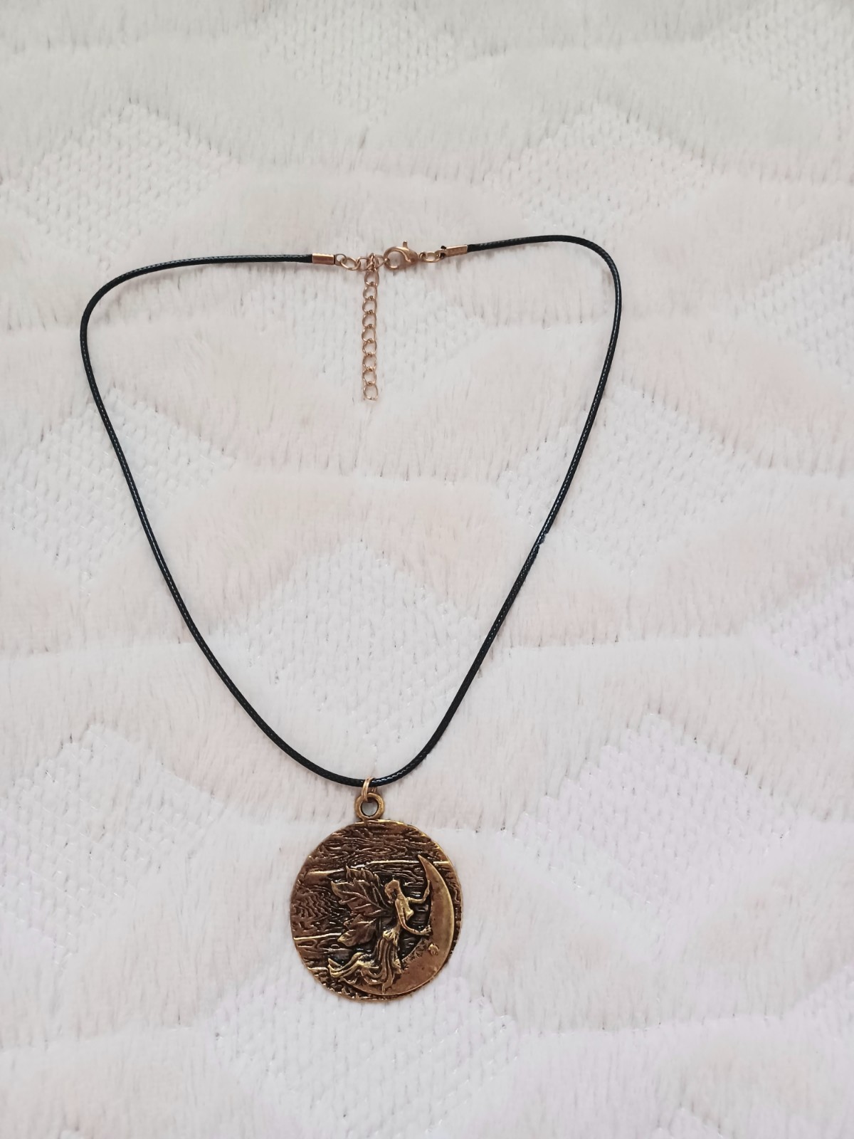 Vintage Gold Tone Moon Fairy Large Pendant On Cord Necklace 90s Y2k 2000s Style