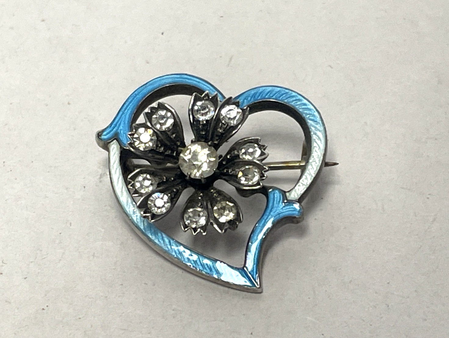 Antique Victorian Edwardian British Silver Paste Witch’s Heart Brooch Enamel 1″
