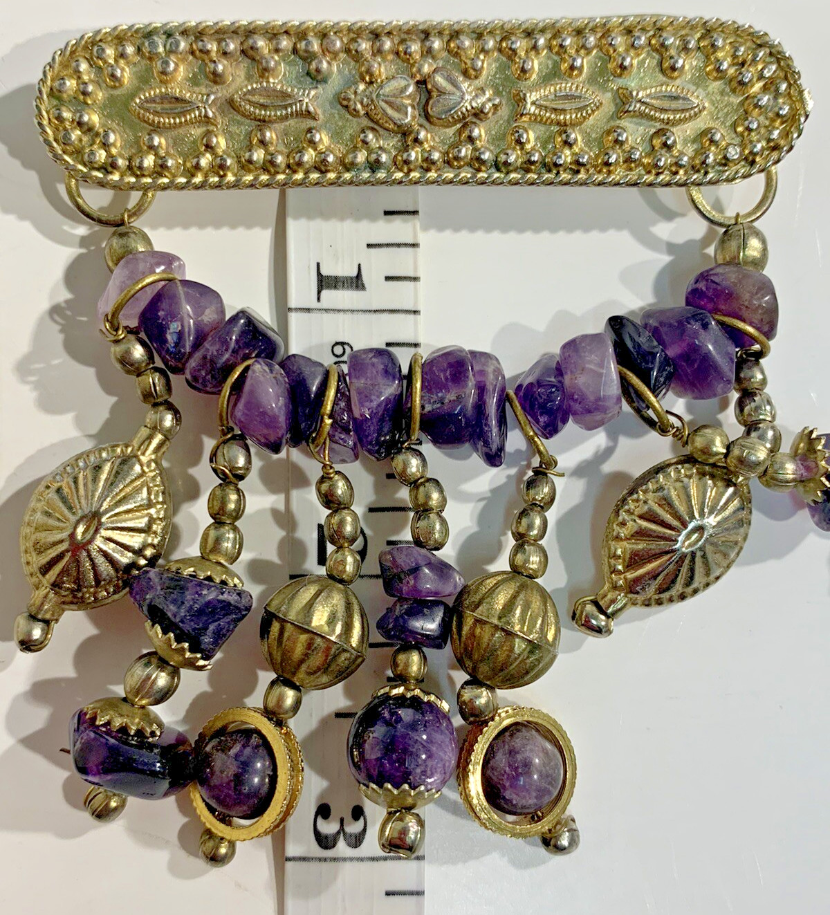 Estate Vintage Amethyst Rocks & Dangle Brass Beads Bar Brooch Pin 2.5″ x 3″