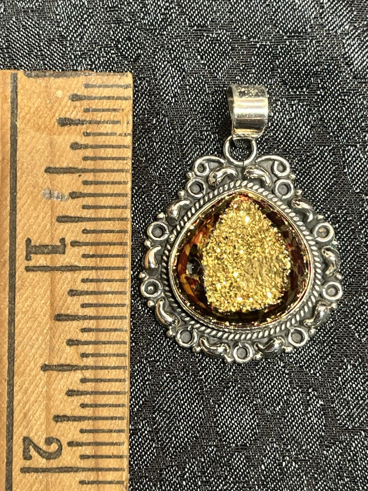 Vintage 925 Sterling Silver MCM Pendant With A Gold & Red Drusy Stone 7.3g