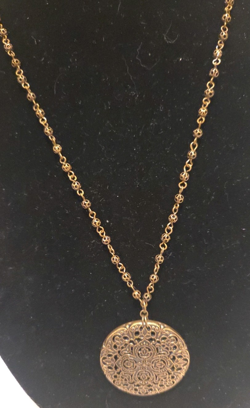 Vintage Bronze Tone bohemian-style Filigree Flat Disk Pendant Necklace