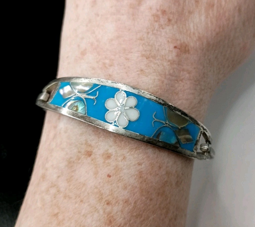 Alpaca Mexico Silver Cuff Bracelet Turquoise Abalone Inlay Butterfly Size 6.75″