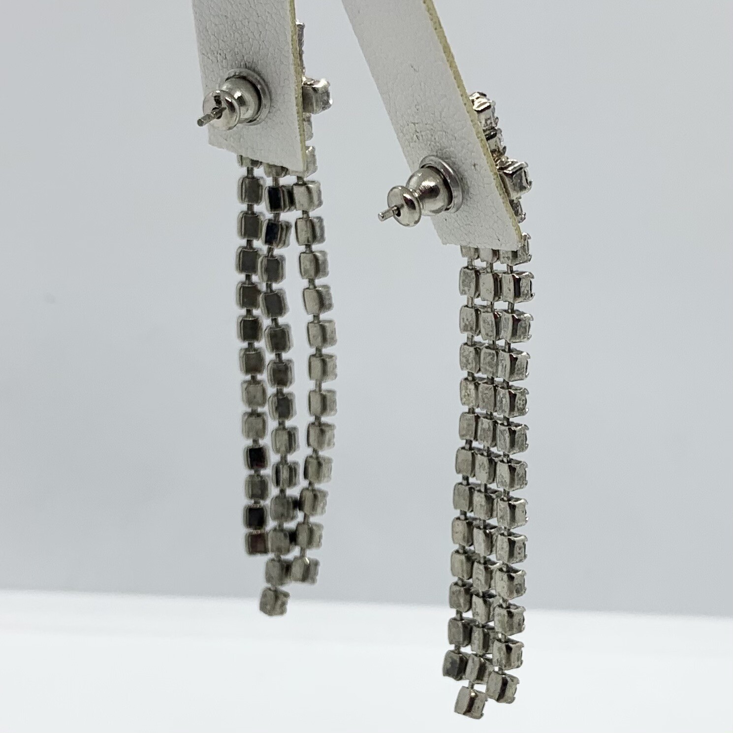 VTG ART DECO LONG CASCADING RHINSTONE SILVER POST DANGLE DROP EARRINGS FRINGE