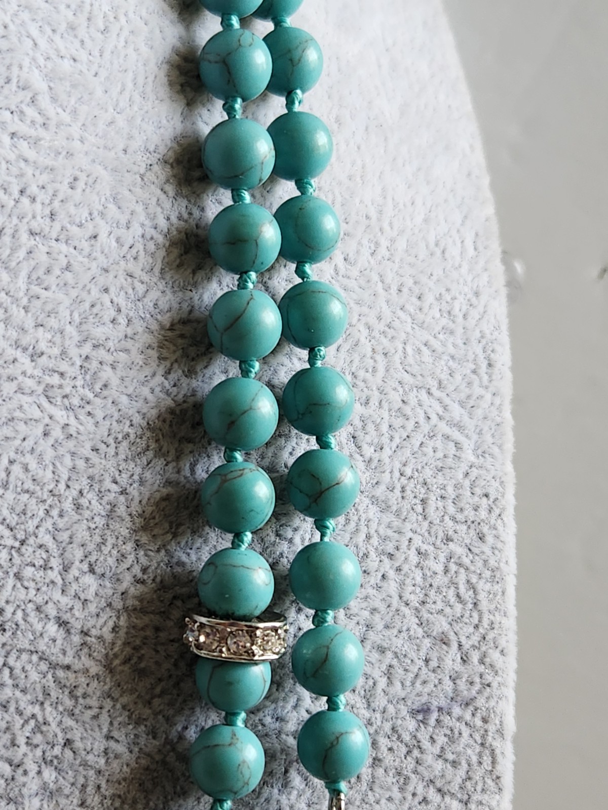 Vintage Genuine Turquoise Pave Rhines Hand Knot Necklace 50″ Mag Adjust 16 + 34