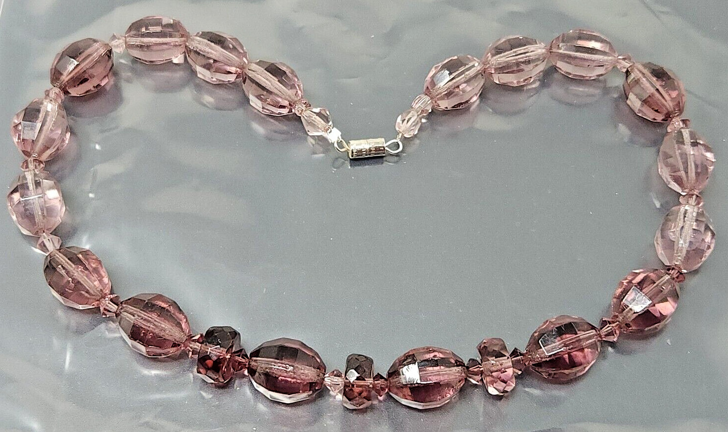 Vintage Czech Purple Glass Faceted Crystal Beaded Necklace 15″