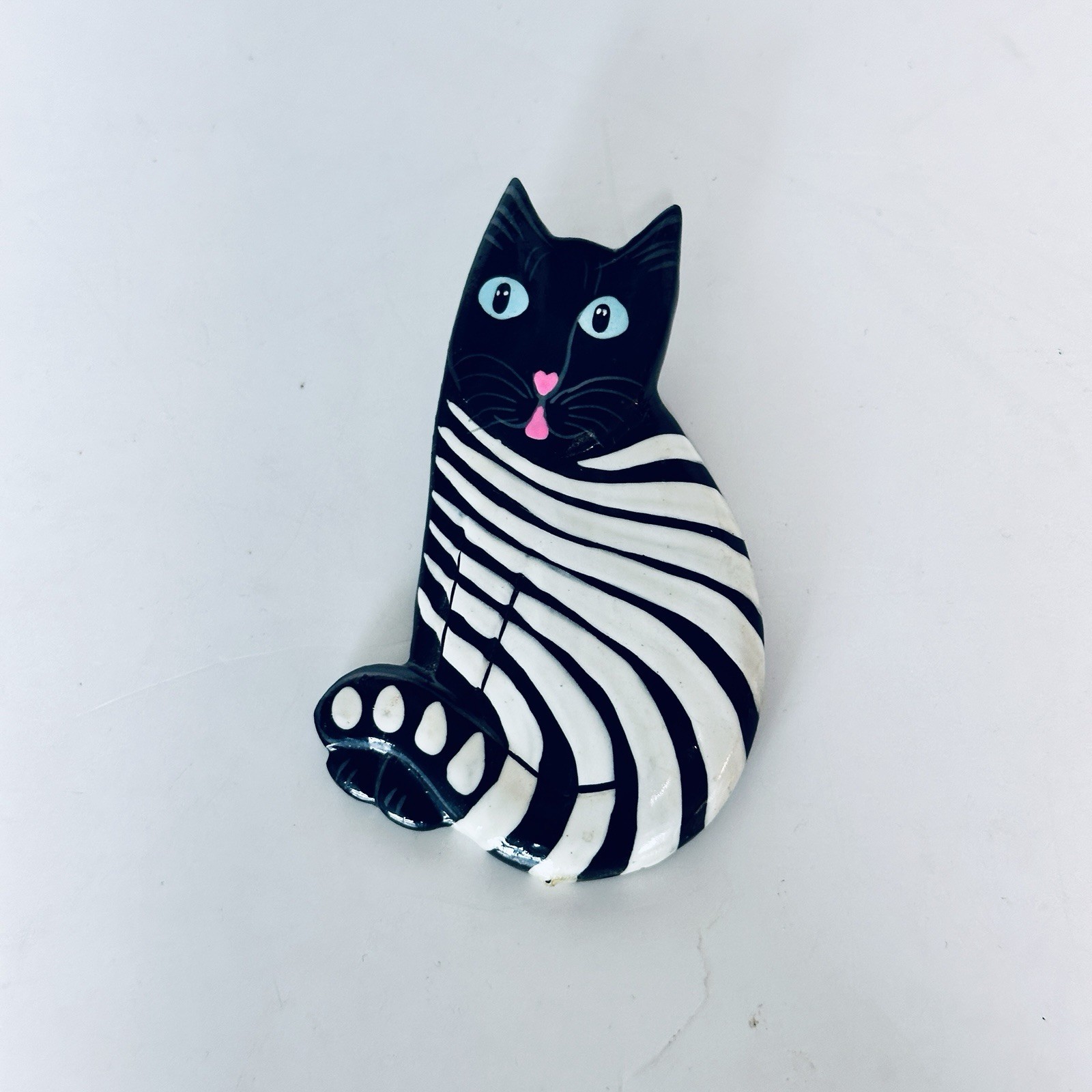 Vintage Kitty Cat Large Wood Brooch Pin Whimsical Folk Art Artisan Artsy Jewelry