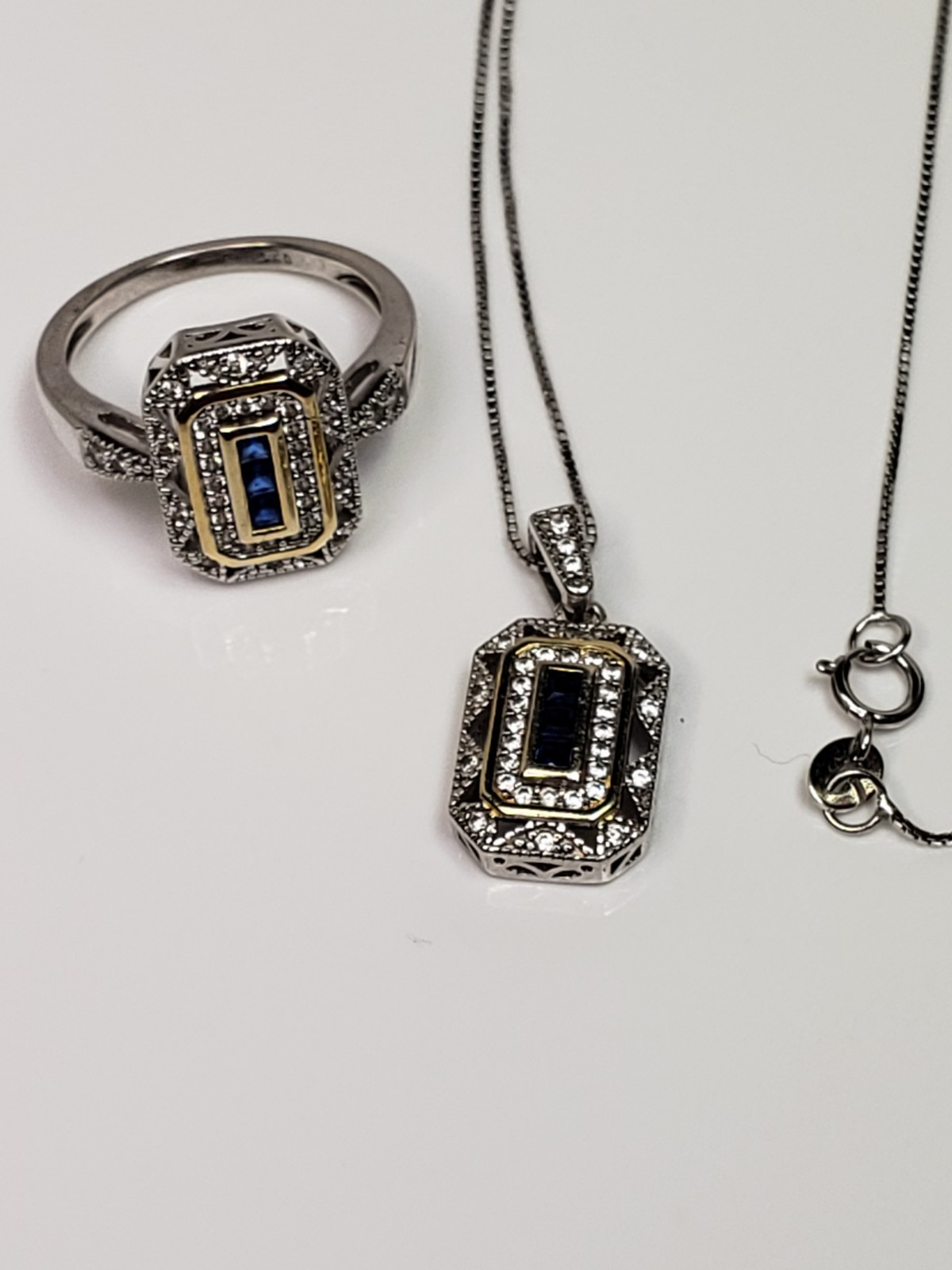 Art Deco Style Sterling 925 Blue Sapphire Lab Diamond Pendant Ring Set Size 7.75
