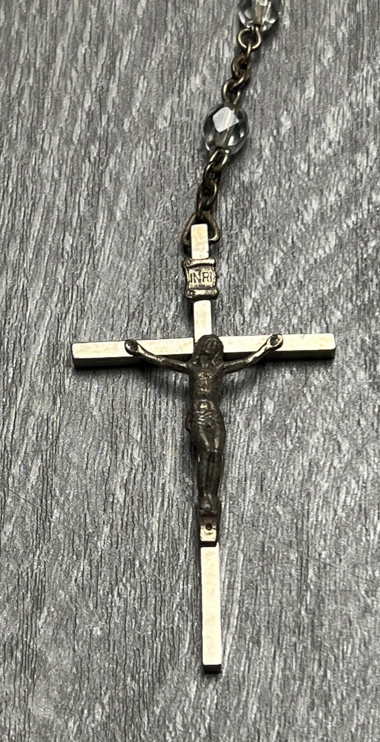Vintage Catholic Rosary Clear Glass Beads Silver Tone Crucifix Mary Medal
