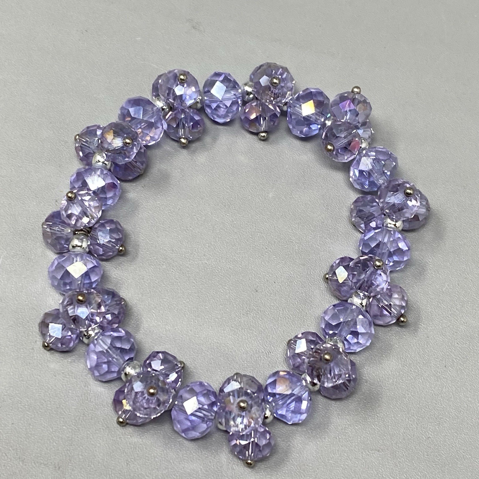 Purple Glass Bead Cluster Bracelet Stretch Fire Polished AB Coated Retro 6.75″