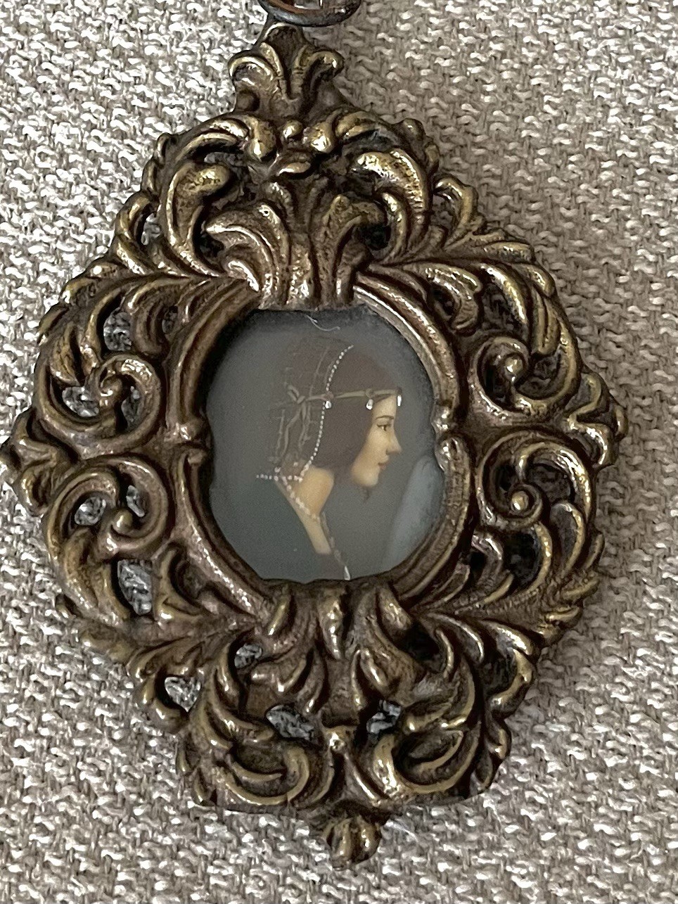1840 Italian Portrait Pendant ST CECILIA with Harp Enamel Miniature Rome Bronze