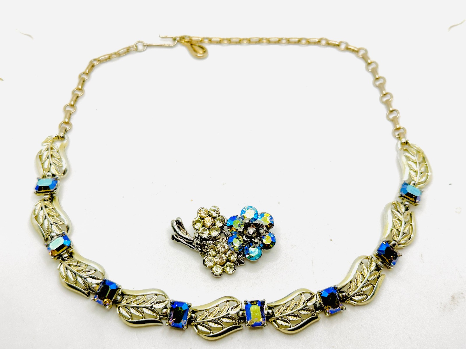 Vtg Lot Exceptional Blue Starlight AB Rhinestone CORO Necklace & Flower Brooch