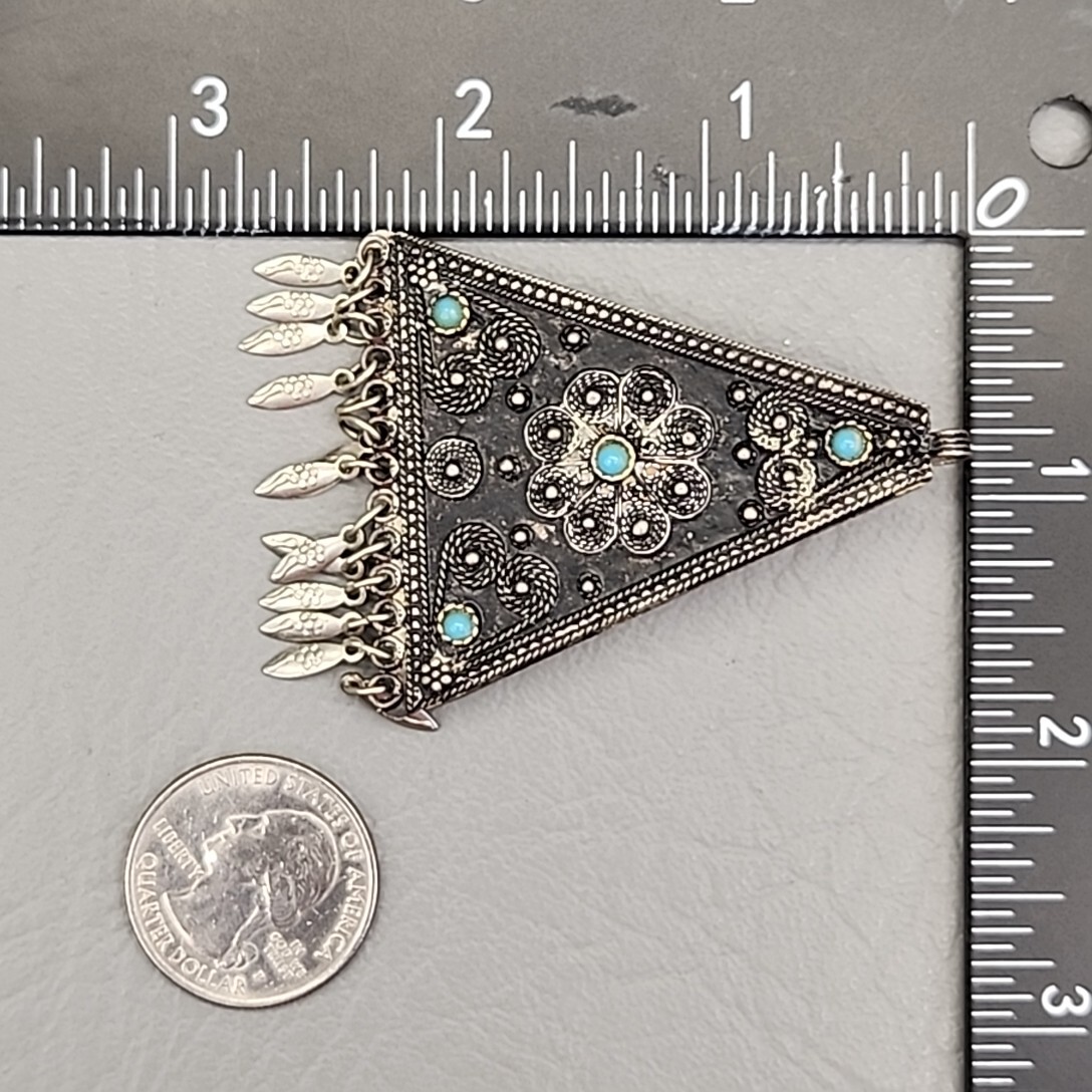 Vintage Triangle Pendant Filigree Cannetille Blue Glass Beads Silver Tone 2.5″