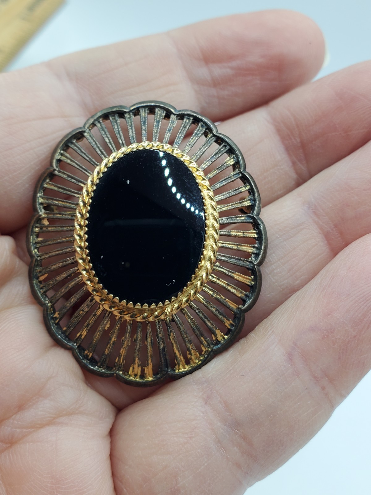 Black Onyx Brooch Vintage Wells Vermeil Over Sterling? Not Sure. B61