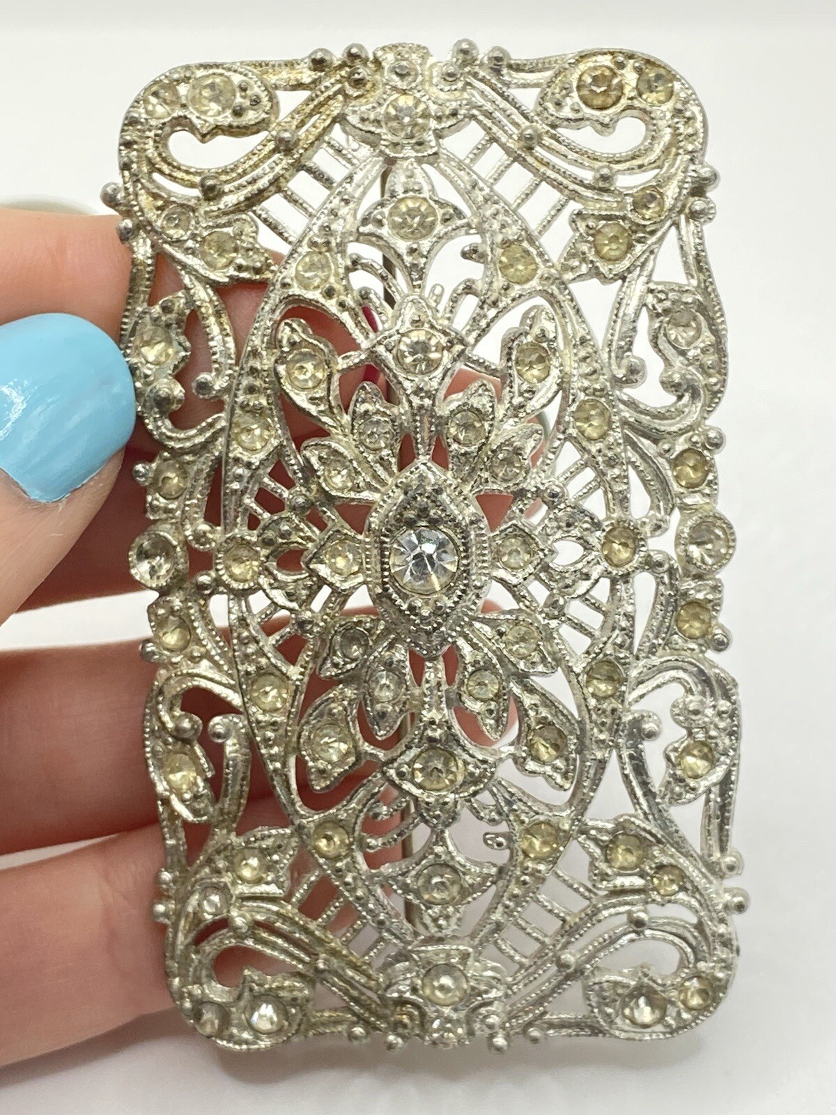 New England Glass Works Silver Rhinestone Filagree Brooch 2”