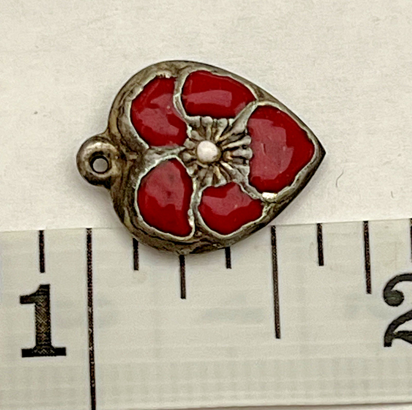 Sterling Silver Heart Flower Charm Puffy Enamel Pansy 925 Vintage Stamped Red US