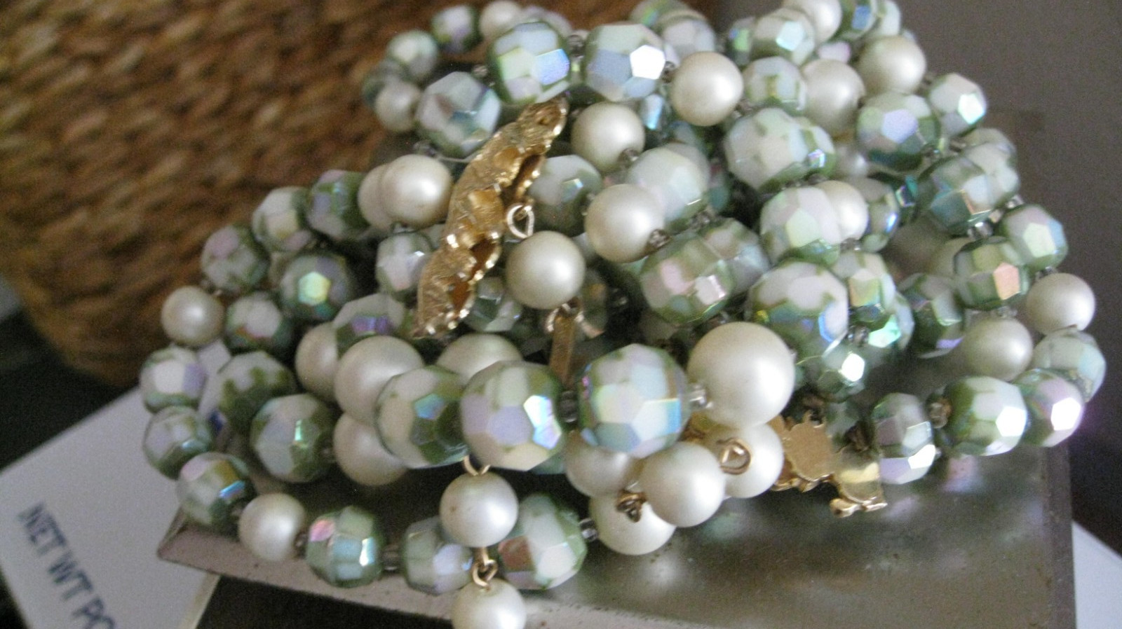 Older Vtg RARE CASTLECLIFF Faceted Glass Faux Pearl 5 Strands 17″/ 18″ 170 Grams
