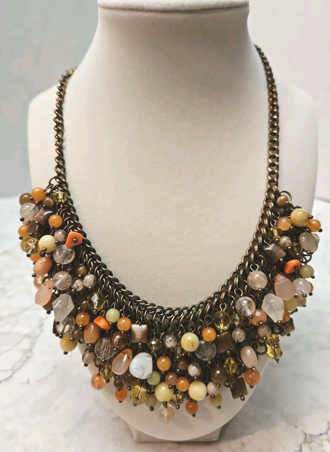 Vintage Coldwater Creek Cha Cha Bib Necklace Boho Beads Copper Tone Mesh Chain