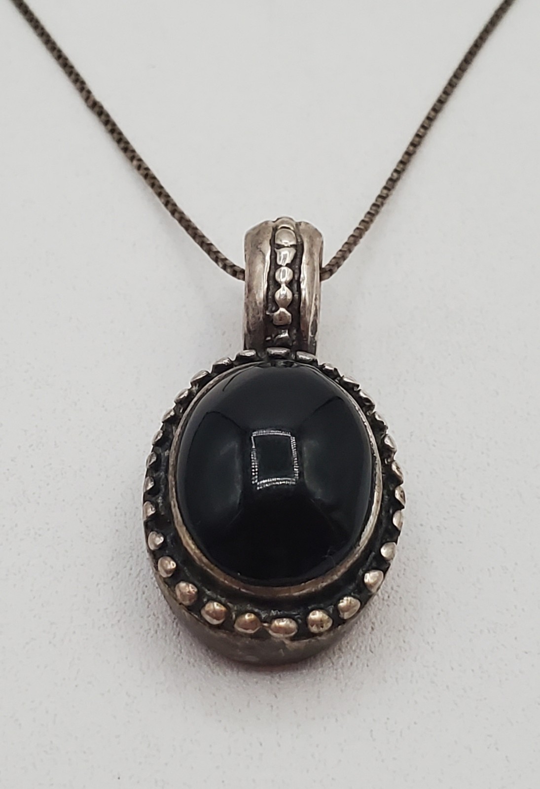 MEX 925 ATI Black Onyx Necklace 23in Sterling Silver 9gtw Box Chain VTG Estate