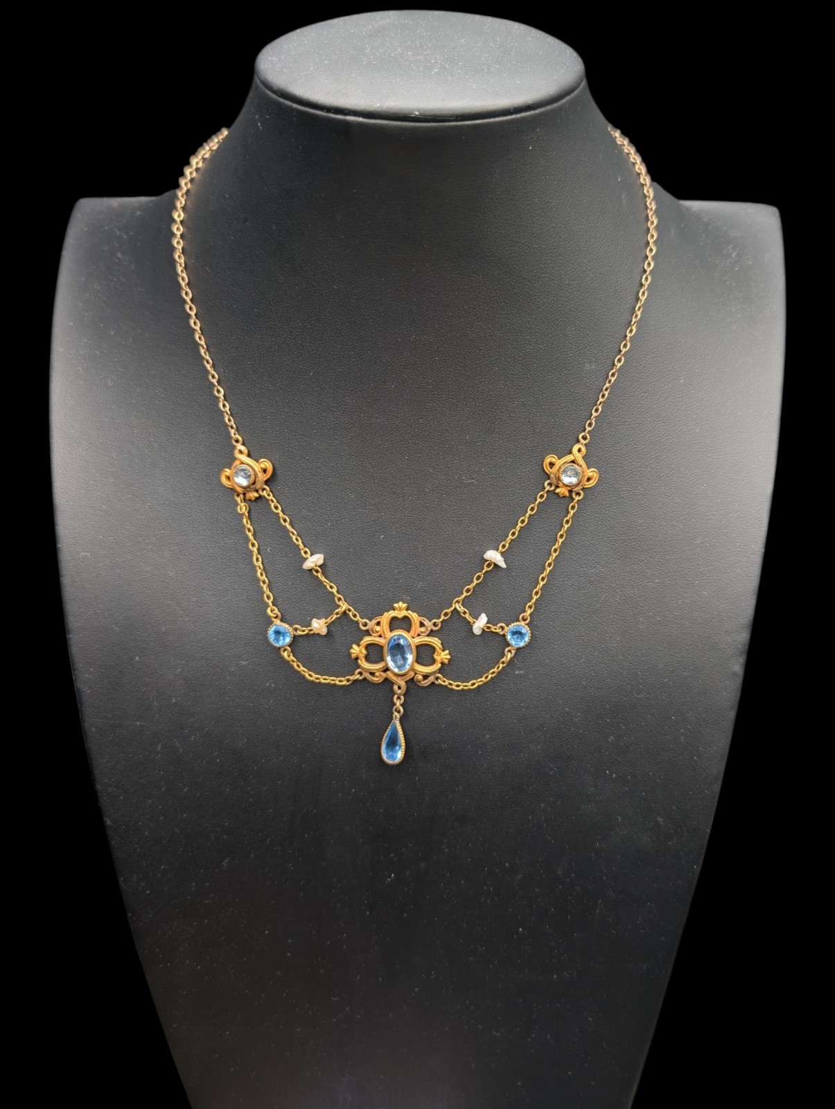 AMAZING Art Nouveau Era Festoon Blue Glass Pearl Antique Vintage Necklace 16″