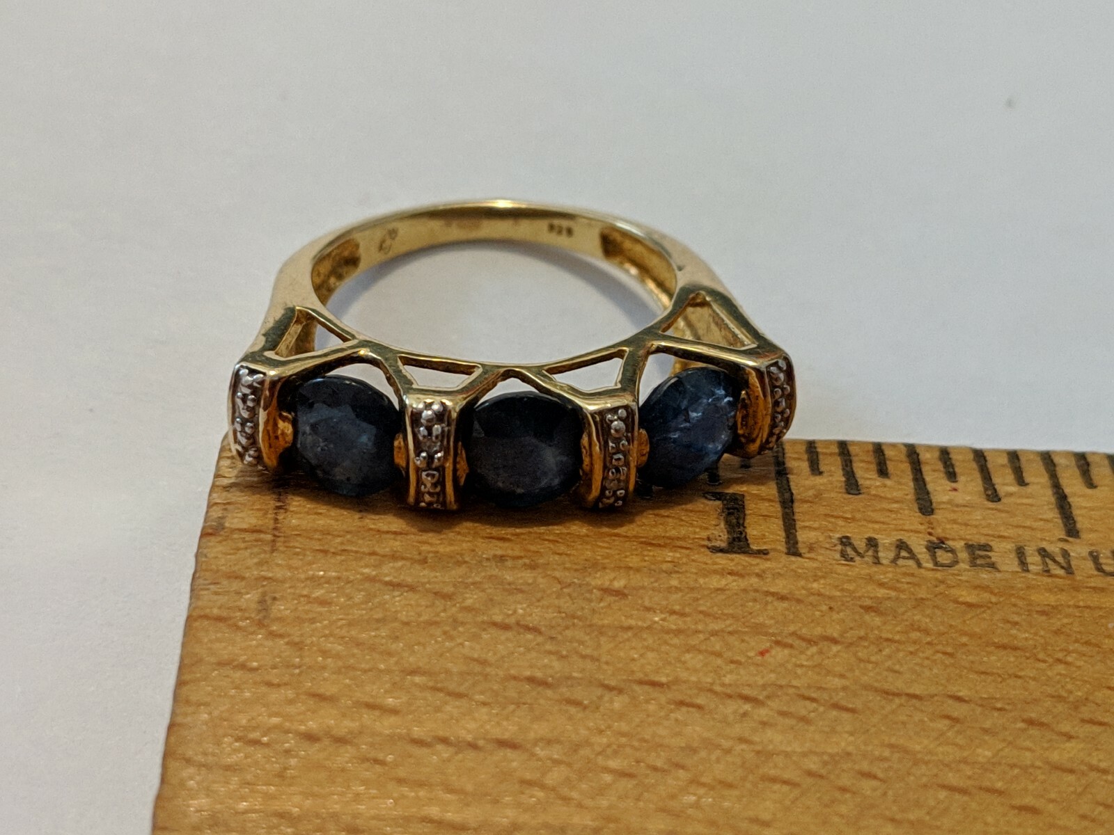 VINTAGE SAPPHIRES VERMEIL STERLING SILVER RING ABOUT SIZE 7 1/2 SIGNED CJ
