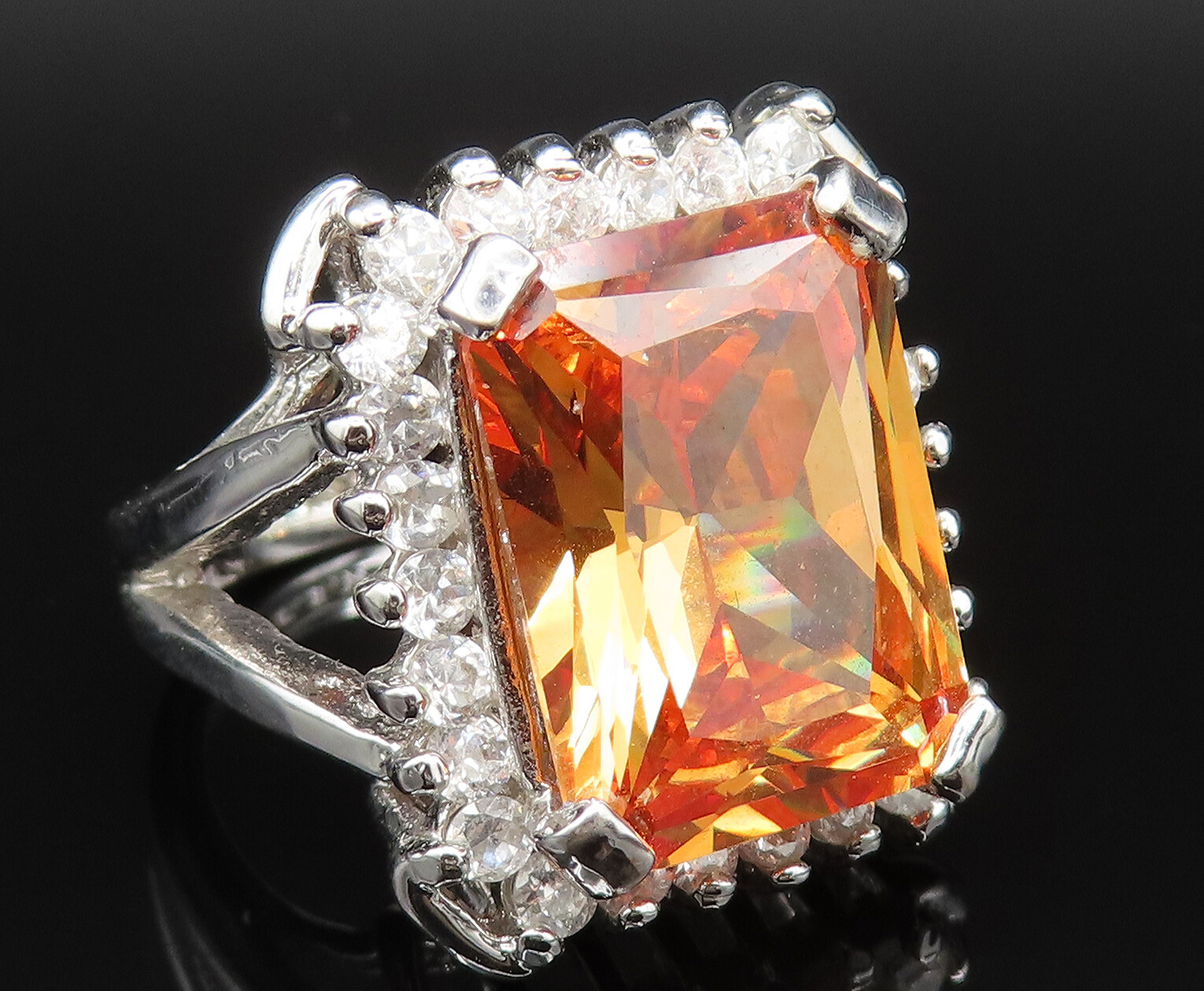 925 Sterling Silver Vintage Square Citrine & Cubic Zirconia Ring Sz 7 RG25388