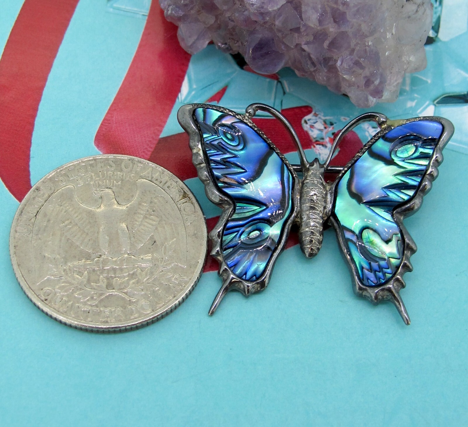 Ataahua Vintage Blue Butterfly Brooch Paua Shell Circa 1970s Sterling Silver