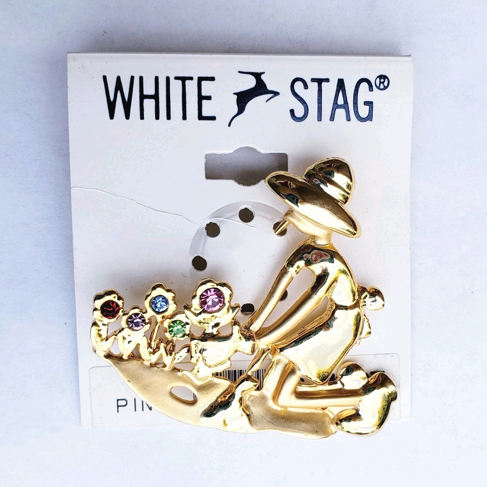 White Stag Gold Tone Gardener Gardening Planting Flowers Brooch Rhinestones