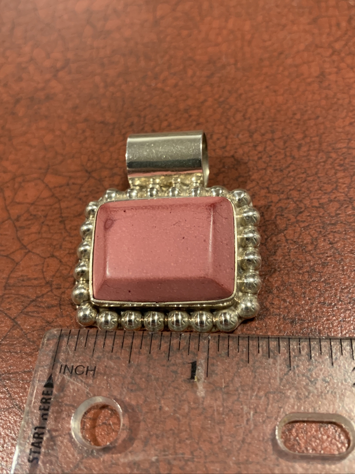 Polished Pink Stone Sterling Silver Rectangular Statement Necklace Pendant
