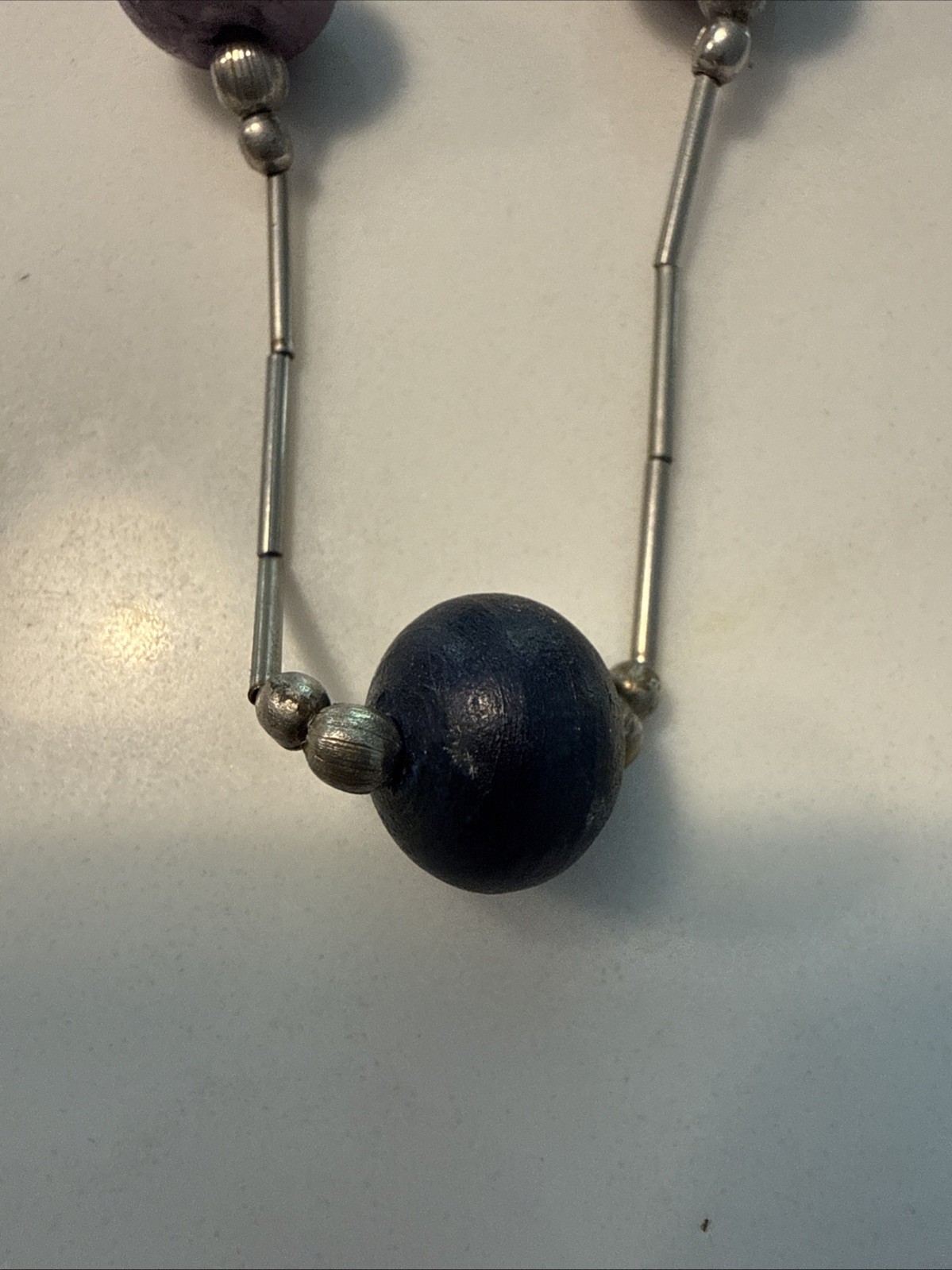 Vintage Liquid Silver Tone And Purple, Blue, Black And Silver Beaded Necklace