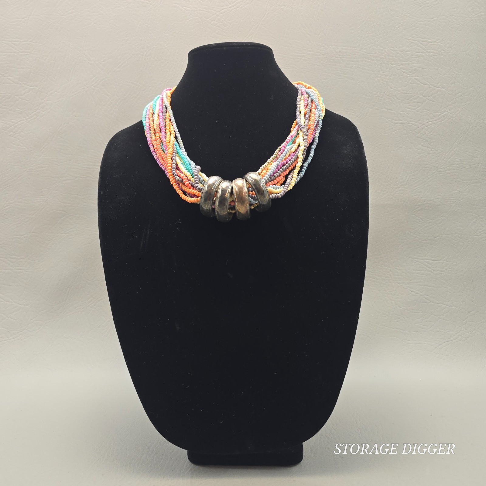 Vintage 19 Strand Multicolor Glass Beaded with Big Metal Rings Necklace 24″ Long