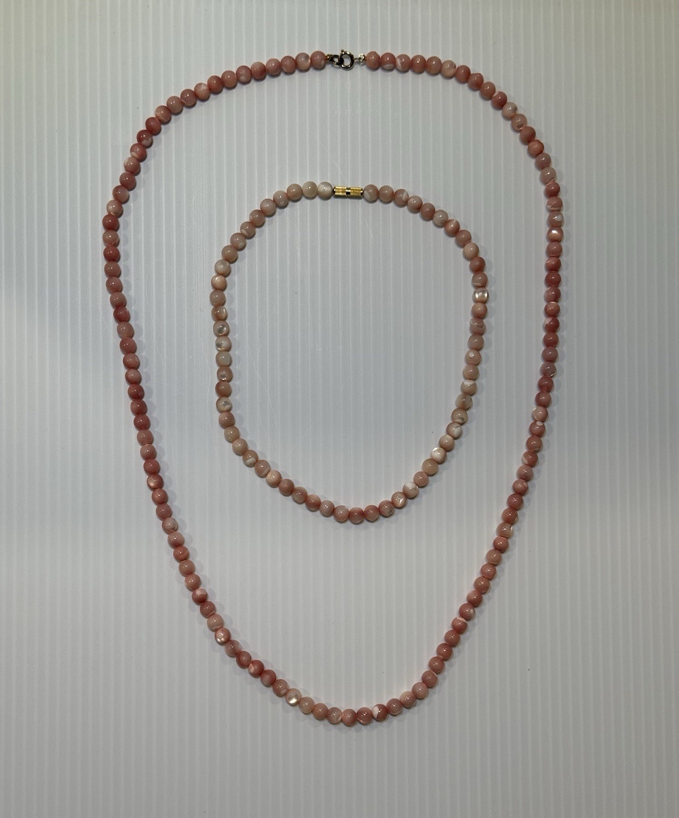 Vintage Pink Agate Bead Necklace Set 2pc Natural Stone 30in & 16.5in