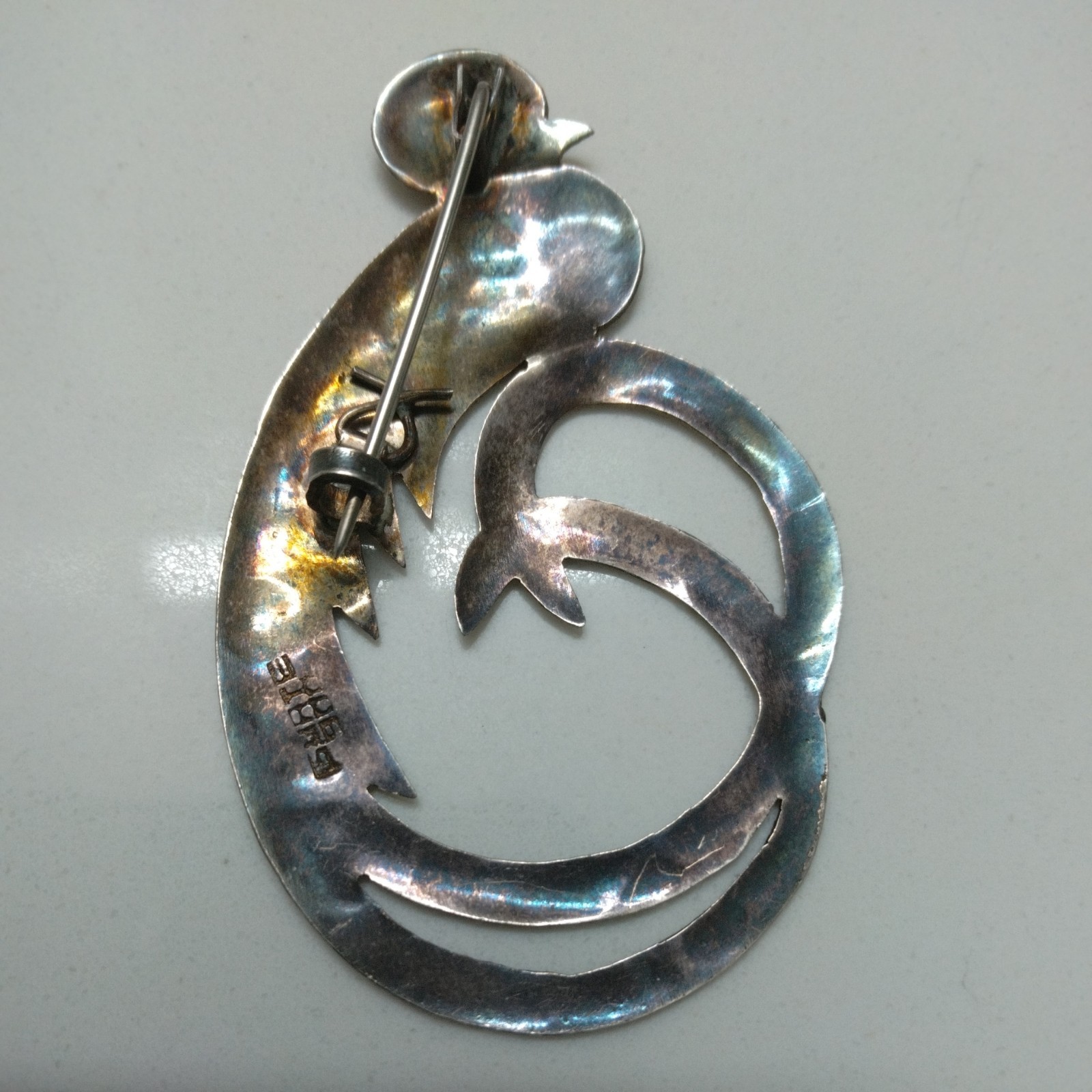 Vintage 800 Silver Aztec Guatemala Quetzal Coatl Etched Pheasant Bird Pin Brooch