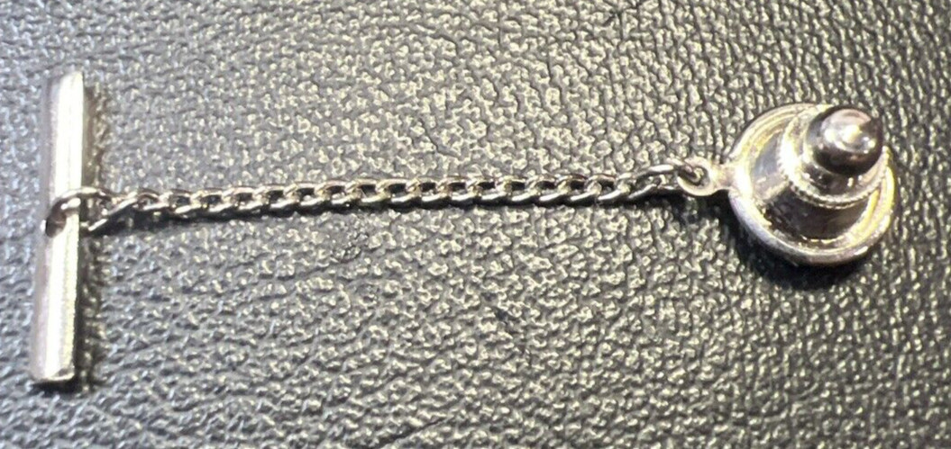Vintage Foster 5mm Round Black Onyx Oval Silver Tone Tie Tack Pin with Chain