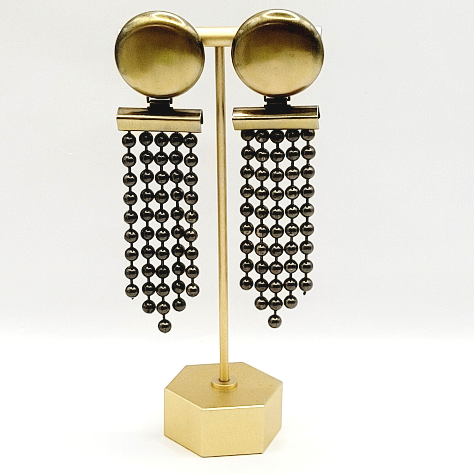 Ball & Chain Fringe Brutalist Runway Style Mixed Metal Tone Vtg Pierced Earrings