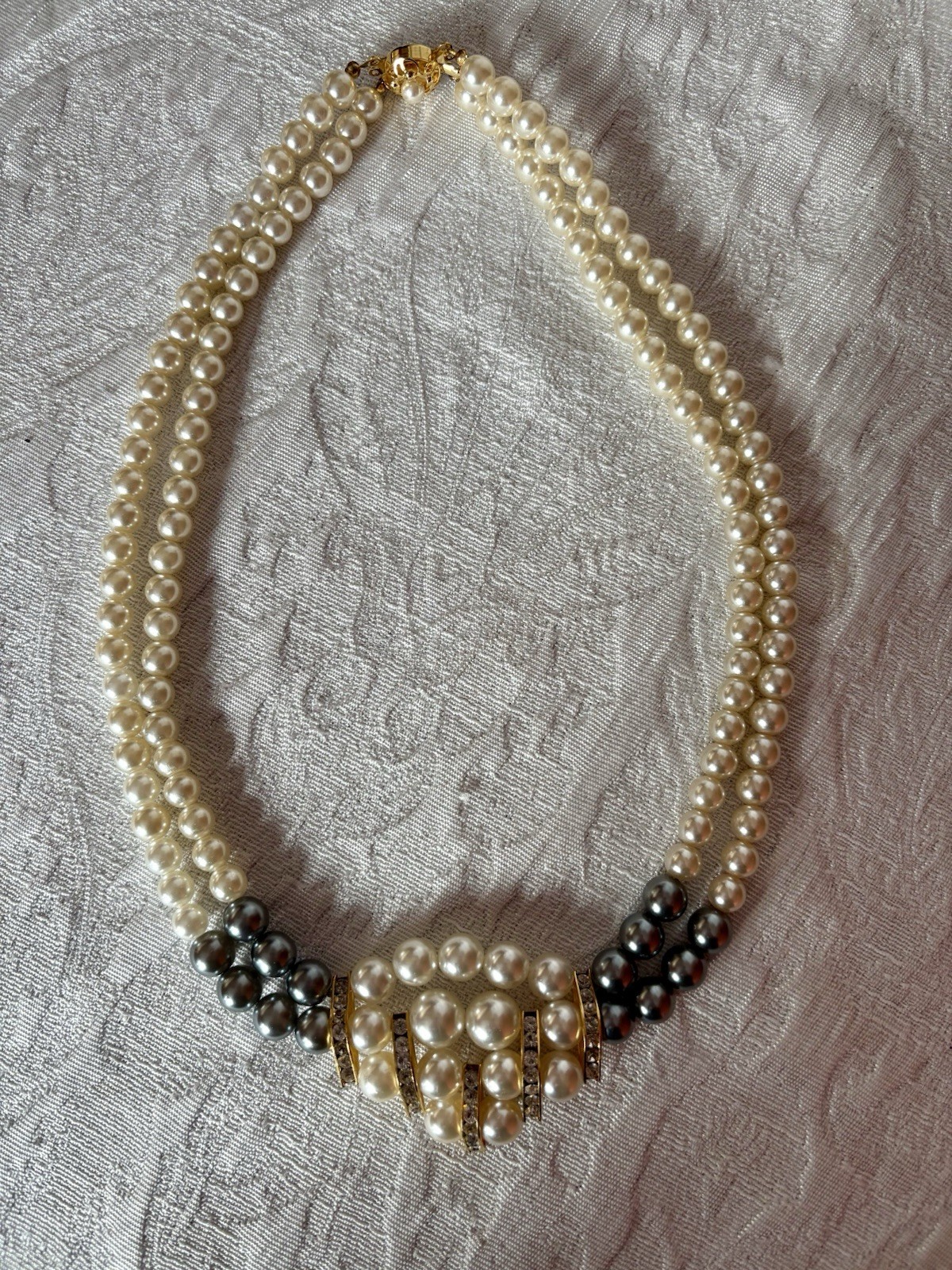 Vintage Double Strand White And Gray Pearl Necklace With Rhinestones- G Silver