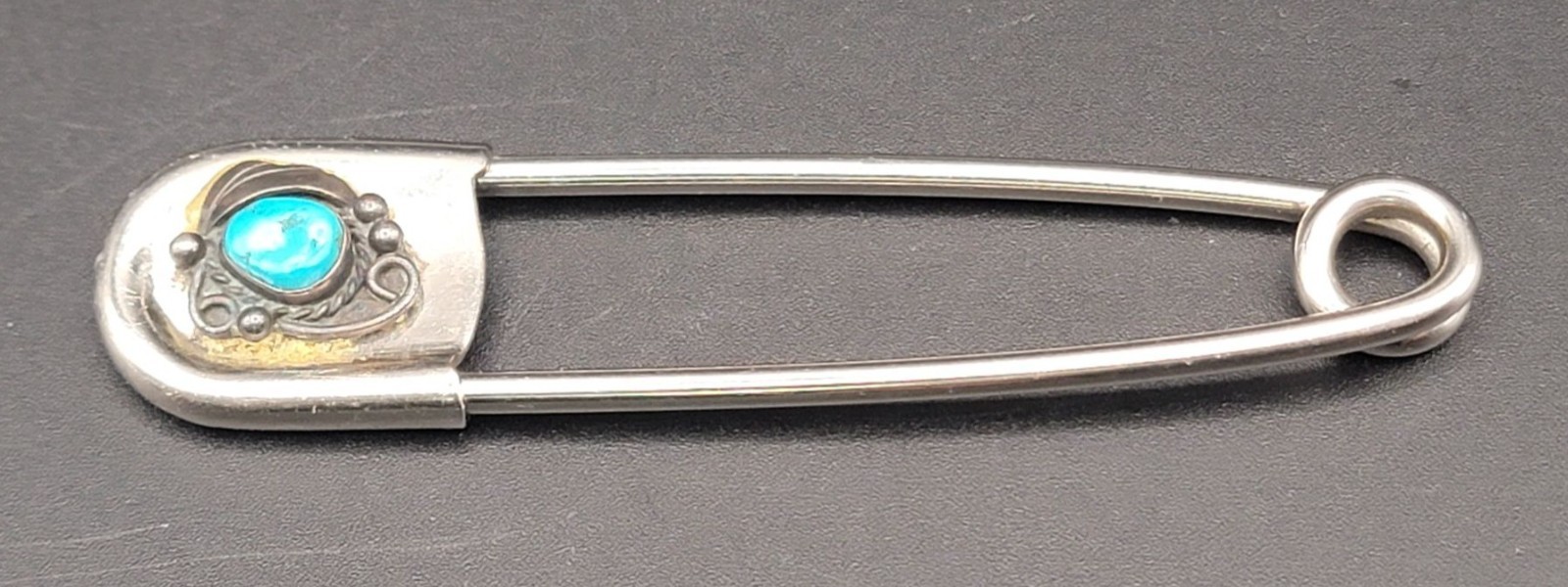 Vintage Scovill Silver Safety Pin With Turquoise Stone Accent – 4.25″ Long